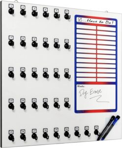 Key Rack, Keystand #33MWD, 33 Bolted Metal Hooks with Numberplate Plus a Sectional to Make a List of Reminders on a Dry Erase Memo Stand (35 Sets of Tag & Ring are Included) - Made in USA