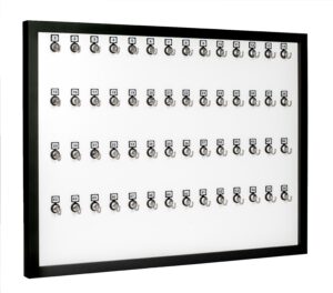 Key Rack, Keystand #56MNF, 56 Bolted Metal Hooks with Wood Frame, Numberplate, Extra Space, and Adjustable Hangers for Executive Offices (56 Sets of Tag and Ring Included)